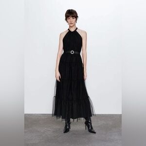 Zara Elegant Black Halter Maxi Dress Size Medium NWT